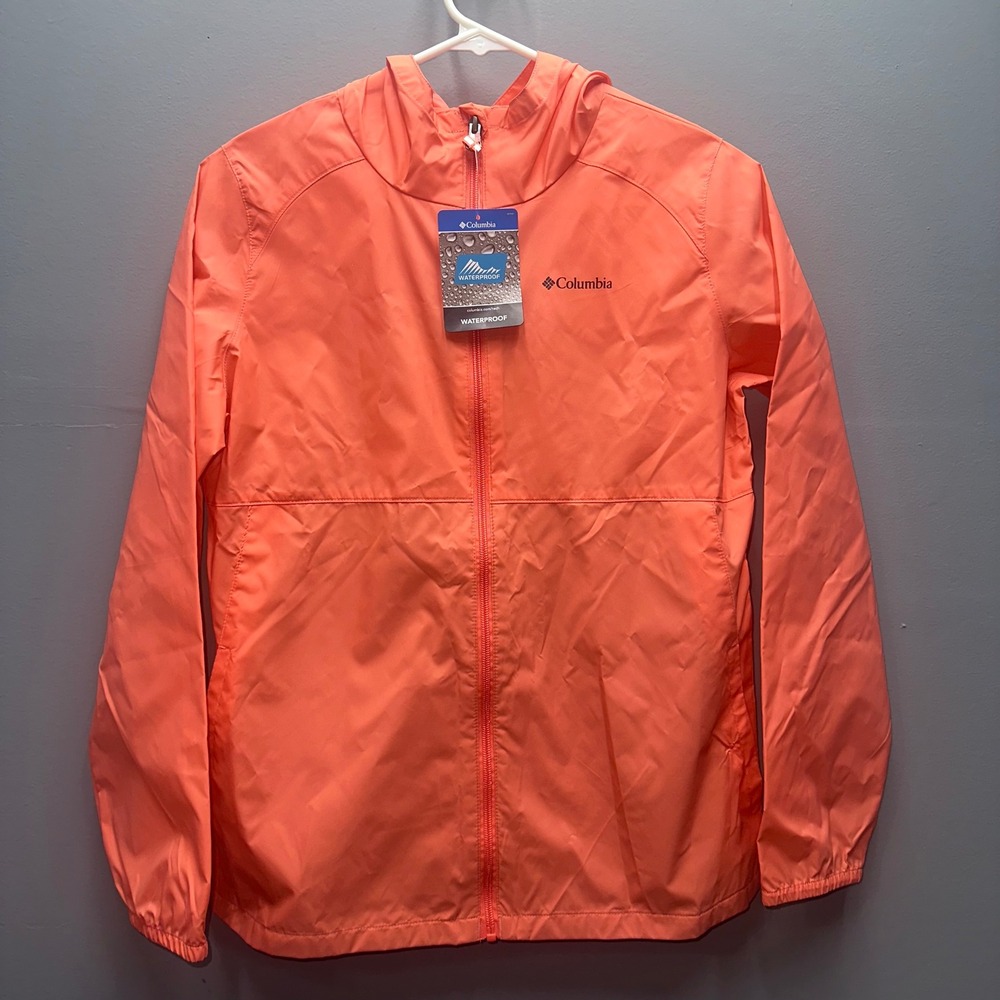 Columbia Youth XL Waterproof Hooded Rain Jacket Lightweight Coral Orange